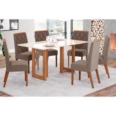 Imagem de Conjunto: Mesa de Cozinha Yara SC79 Tampo Madeirado c/ Vidro Canto Curvo 160x90cm e 6 Cadeiras Vita Nature/Suede Light Bege - Henn