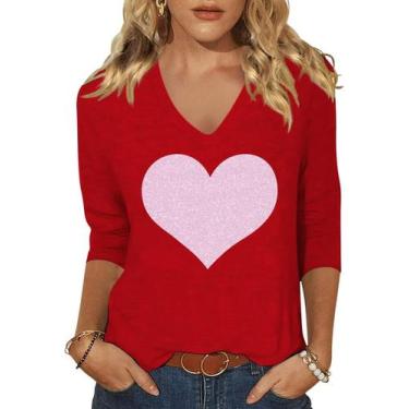 Imagem de Camiseta feminina Scgirl de manga 3/4 com decote em V Love Heart Print