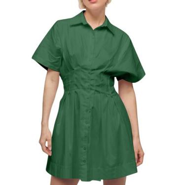 Imagem de Vestido feminino Dewpaur com botões na frente, plissado, verde escuro 