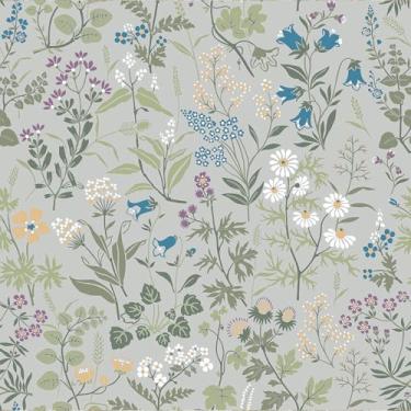 Imagem de VEELIKE Papel de parede floral vintage cinza Peel and Stick Boho Wildflower Papel de parede para quarto, banheiro, casa de fazenda, 43 x 39 cm, autoadesivo, botânico, removível, papel de parede para