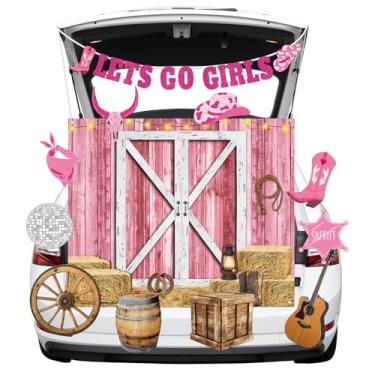 Imagem de Conjunto de decoração de porta-malas ou travessuras de Halloween para carro de vaqueira ocidental ou petisco kit de decoração de carro rosa caubói selvagem oeste tema decoração para meninas