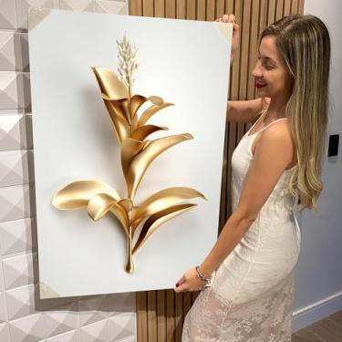 Imagem de Quadro Decorativo Canvas Flores Brancas e Douradas Vertical (CAN1230)