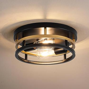 Imagem de 2 luzes de teto industriais pretas douradas semi embutidas perto de luminárias de teto, design de gaiola, iluminação de teto de casa de fazenda para cozinha, quarto, banheiro, hall de entrada