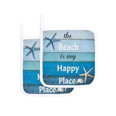 Imagem de Porta-panelas para cozinha, oceano, estrela-do-mar, praia, citação feliz, conjunto de 2 pegadores de panela, à prova de calor, antiderrapante, suporte de panela de forno, isolamento de pano felpudo