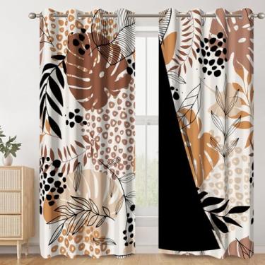 Imagem de AWERT Boêmio Cortinas blackout estampadas para sala de estar marrom eucalipto folhas pretas boêmias cortinas naturais decoração para quarto cortinas escurecimento conjunto de 2 painéis, cada tamanho