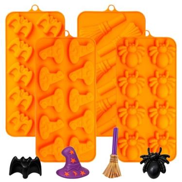 Imagem de Moldes de silicone de Halloween para chocolate, pacote com 4 moldes de doces com morcego, chapéu de bruxa, vassoura, formas de aranha, laranja
