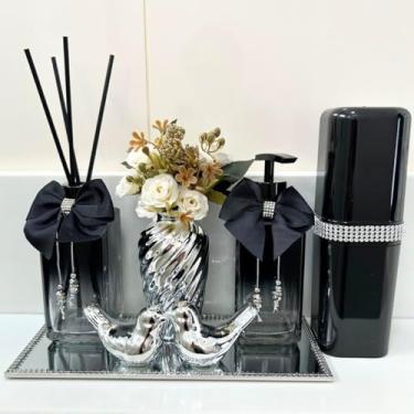 Imagem de Kit Lavabo Banheiro Preto com Difusor de Aromas + Porta Sabonete + Bandeja Espelhada Strass + Porta Escovas + Enfeites Porcelana- Coleção Norilsk Premium