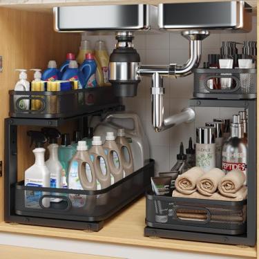 Imagem de Biboraya Pacote com 2 organizadores sob a pia de 43 cm de profundidade com trilho cilíndrico liso, armazenamento multiuso de 2 camadas para banheiro e cozinha, altura ajustável, revestimento
