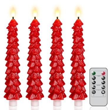 Imagem de KunSwenn Velas de árvore de Natal operadas a pilha, árvore de Natal vermelha cerosa, velas cônicas sem chamas com temporizador remoto, conjunto de 4 castiçais LED sem chama para decoração de Natal e
