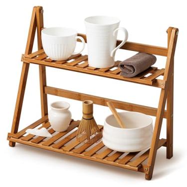 Imagem de Yalikop Prateleira de estação Matcha, organizador de estação de café de 38 cm, suporte de caneca de bambu de 2 camadas, suporte de vaso de flores para mesa, prateleira de armazenamento dobrável para