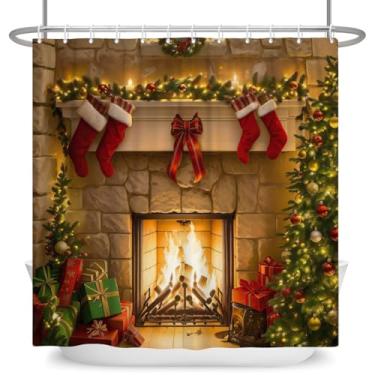 Imagem de ZJRBJB Cortinas de chuveiro de Natal quentes para lareira meias vermelhas de inverno árvores vintage tecido de poliéster impermeável decoração festiva novidade presente de banheiro 183 x 183 cm com 12