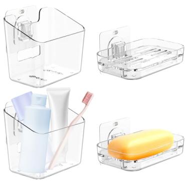 Imagem de 4 peças de saboneteira e suporte de escova de dentes de plástico espesso, suporte de sabão acrílico com orifício de drenagem, adesivo de suporte de chuveiro de plástico para pia de cozinha doméstica
