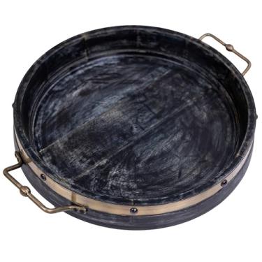 Imagem de Bandeja grande redonda de 40,6 cm, madeira de manga maciça, bandeja de servir estilo casa de fazenda rústica cinza em estanho para chá, café da manhã na cama, mesa de centro, alças de latão antigo e