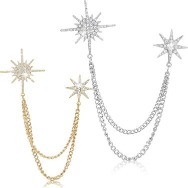 Imagem de Huquary 2 peças broche de estrela de strass broche de floco de neve longo borla broche de lapela prata ouro cristal presentes para mulheres homens férias inverno dança festa roupas vestido terno