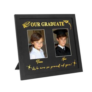 Imagem de GraduatePro Porta-retrato de formatura Then and Now, vidro real HD - Moldura dupla de 10 x 15 cm, moldura temática de formatura para decorações de formatura 2026