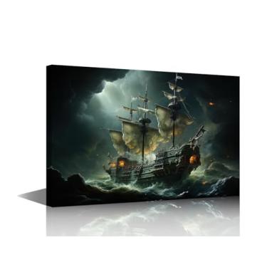 Imagem de TUMOVO Arte em tela decoração de parede fantasia barco quarto imagens de parede para sala de estar navio pirata pintura de parede fundo lua cheia arte de parede moderna esticada e emoldurada pronta