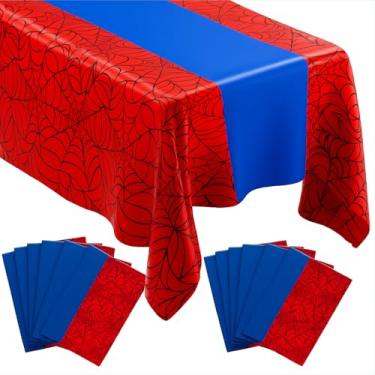Imagem de Remagr Toalha de mesa de plástico descartável para festa de aniversário, 12 peças, 137 x 272 cm, toalha de mesa retangular grande de plástico vermelho e azul para decoração de festa de aniversário