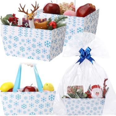 Imagem de Moinchore Cesta de Natal com 12 peças, vazia, 24 x 15 cm, bandeja de floco de neve, cesta de papelão branca com laços, sacos de celofane, azulejos torcidos, vazia para encher para festas de