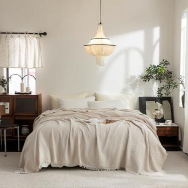Imagem de FOSSA Cobertor de musselina com franja - 4 camadas de gaze 100% algodão super macio e respirável - Cobertor refrescante decorativo leve para cama, sofá, escritório - King Size 264 cm × 228 cm (bege)