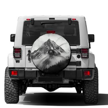 Imagem de Foruidea Capa de pneu sobressalente preto branco montanha neblina com furo de câmera reserva capa de pneu de roda serve para trailer, RV, SUV e muitos veículos 43.2 cm