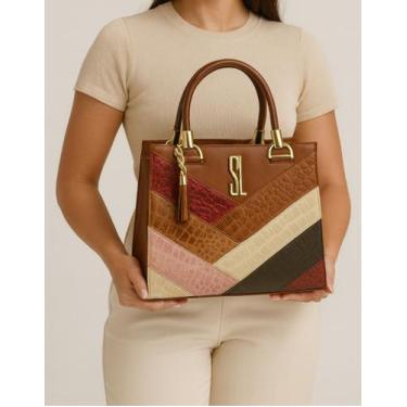 Imagem de Bolsa Feminina Castelo Croco Faixas Grande Sintético Forrada Tiracolo 