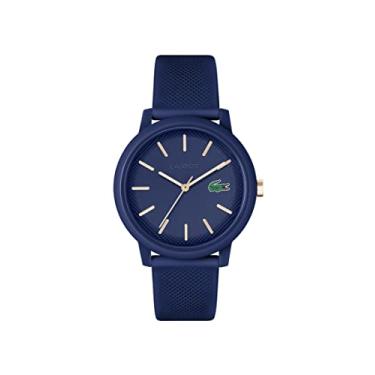 Imagem de Lacoste Relógio masculino de silicone 12.12 Chrono, Azul-marinho/dourado, 42MM, borracha
