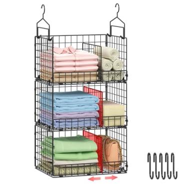 Imagem de Sonyabecca Organizador de armário extra grande de 3 camadas com divisórias, prateleiras para pendurar roupas com 2 ganchos e 5 ganchos em S, cestas de armazenamento de arame para suéteres, sapatos
