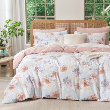Imagem de TISPLR Conjunto de edredom King com 3 peças, macio, chique, tecido de gaze, estampa floral, peônia, botânico, para todas as estações, luxuoso, quente, confortável, respirável com 2 fronhas