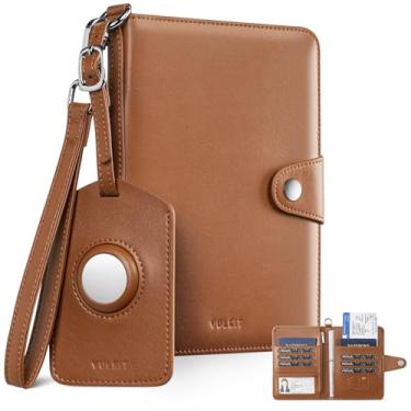 Imagem de VULKIT Porta-passaporte AirTag, 4 passaportes, 2 em 1, com bloqueio de RFID, capa para a família, com etiqueta de bagagem e alça de pulso, comporta cartão de identificação, mais de 6 cartões, bilhetes