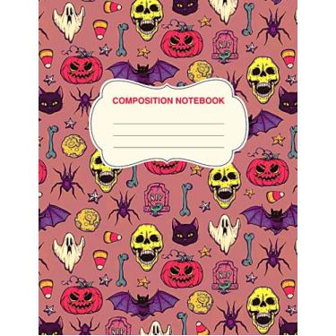 Imagem de Halloween Composition Notebook: for Kids and Adults. Halloween Pumpkin Skull Spider Cat 8,5x 11 in - Wide Ruled - Black Lined Paper Journal - Back to ... Things To Record. Perfect Halloween gift.