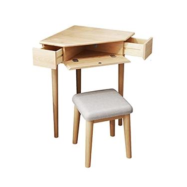 Imagem de Mesa de escritório em casa, mesa de canto de madeira, mesa de estudo robusta para casa com tampo de mesa triangular, mesa de trabalho compacta de carvalho com 2 gavetas pequenas e compartimentos de