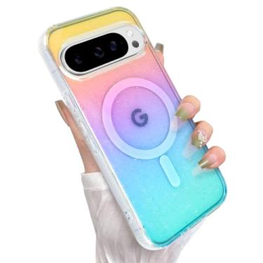 Imagem de Heaofei Capa fofa para Google Pixel 9 Pro XL para mulheres e meninas [compatível com Magsafe] Capa protetora magnética magnética com glitter brilhante arco-íris transparente iridescente