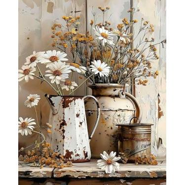 Imagem de Axquilon Kit de pintura por números para adultos iniciantes - kit de pintura por números de flores rústicas em tela, kits fáceis de pintar por número, para adultos, pintura a óleo, para presente