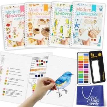 Imagem de 4 peças, livro de colorir de água com 48 padrões, livros de aquarela para iniciantes com 24 cores de tinta e pincel, estresse - presente para alívio de estresse para mulheres - pássaro, flor, outono e