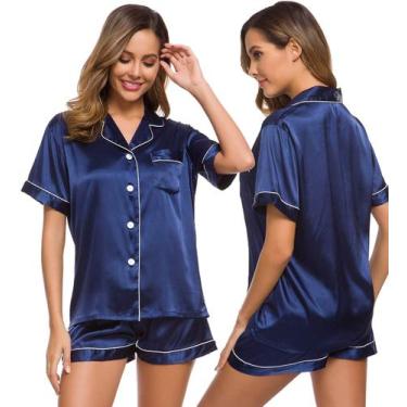 Imagem de Conjunto de pijama feminino SWOMOG, seda, cetim, manga curta, azul mar