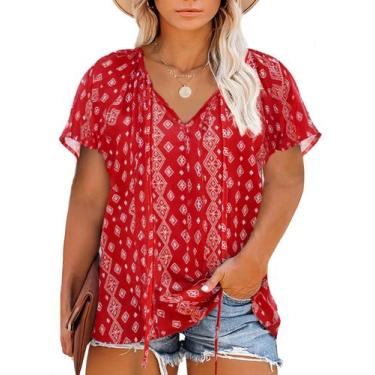 Imagem de Blusa feminina Eytino Plus Size Boho Floral com decote em V e manga cu