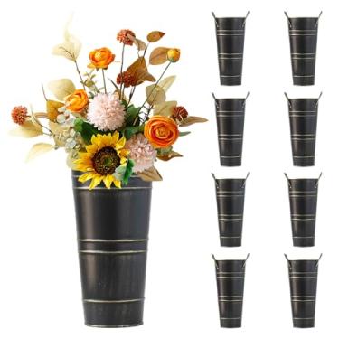 Imagem de Haploon Pacote com 8 balde de flores galvanizado vintage, vasos de metal galvanizado preto, vaso de flores de fazenda com alças para decoração, plano e como presente