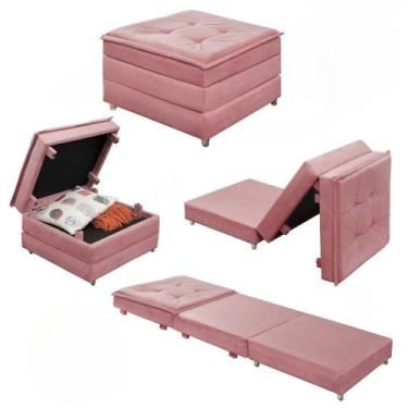 Imagem de Puff Estofado Dobrável 3 em 1 Vira Cama Solteiro Versátil Confortável Resistente Com Rodízios E Baú(Rosa)