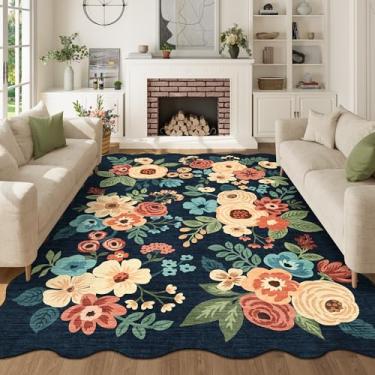 Imagem de DUKINO Tapete de área de 12 x 18 cm, tapetes florais laváveis para sala de estar com suporte antiderrapante e que não cai, tapetes grandes para quarto, sala de estar, sala de jantar, azul marinho