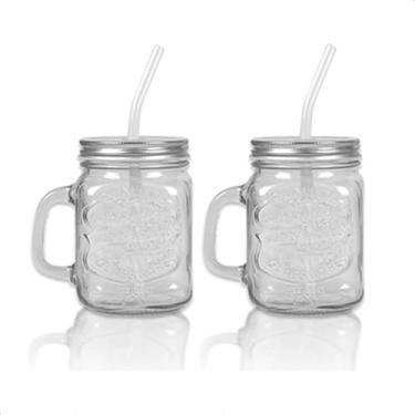 Imagem de Kit 2 Jarrinhas Canecas Retro Vintage Vidro Com Tampa Metal Canudo de Vidro Drink Barzinho Barman Bartender 480ml