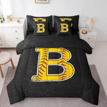 Imagem de Erosebridal Jogo de cama casal com inicial de 7 peças, monograma, para amantes de beisebol, crianças, com letra B amarela e lençol de cima, acessórios de beisebol e softbol