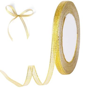 Imagem de Fita dourada com glitter de 25 metros para embrulho de presente, artesanato, decoração de aniversário de casamento, buquê floral, rolo de fita dourada metálica, 1/10.2 cm
