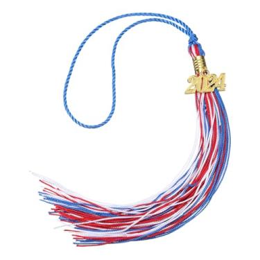 Imagem de Borla de formatura 2024, borla de boné de formatura de duas cores com pingente de ouro de 2024 anos para bricolage, lembrança de cerimônias de pós-graduação, decoração de chapéu de formatura, azul e