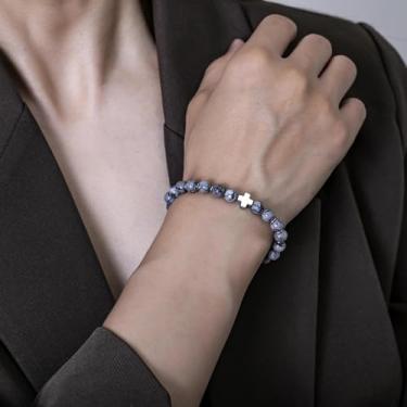 Imagem de Pulseira de contas feita à mão para homens e mulheres, cordão elástico com pedra natural e contas de destaque, joia de pulso ajustável, 7.68Inches, Ágata, Sem Pedra Preciosa