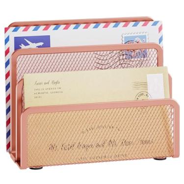 Imagem de Marbrasse Organizador de correio para mesa, suporte de metal de malha com 3 compartimentos, suporte de cartas, envelope de mesa de escritório e rack de armazenamento de documentos (ouro rosa)