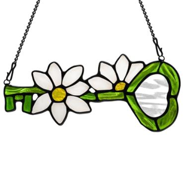 Imagem de EPOGIFTS Enfeite de flor branca com vitral para decoração de chave, apanhador solar de vidro floral artificial, vitral, margarida pendurada, presente para mulheres, mãe, avó