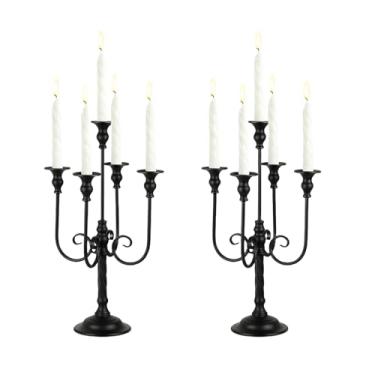 Imagem de Centros de mesa de candelabro preto para mesas, 2 peças de castiçal alto de metal para velas cônicas, suporte de castiçal de 5 braços para decoração de centro de mesa de casamento, decoração de