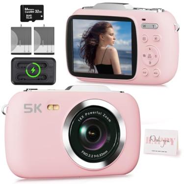Imagem de Câmera digital rosa 5K para fotografia, câmera de vlogging portátil UHD de 80 MP, câmera de disparo e ponto de viagem com zoom 18X barata com cartão TF de 32 GB, câmeras fotográficas para adolescentes