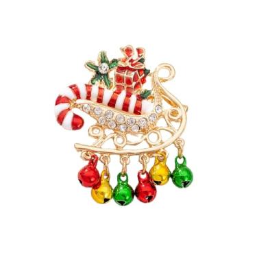 Imagem de Broche de sino de trenó de Natal para mulheres e homens cintilantes imitação de strass doce bengala de lapela broche moderno dourado cachecóis clipe de xaile joias de Natal decoração de festival para
