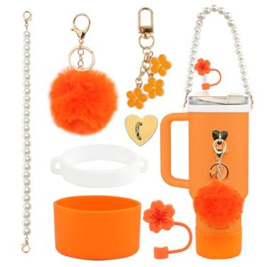 Imagem de Conjunto de acessórios para copo Stanley laranja com 7 peças – alça de alça de garrafa de água, tampa de cobertura de palha de flor de silicone, bota Stanley de silicone, pingentes para chaveiro,